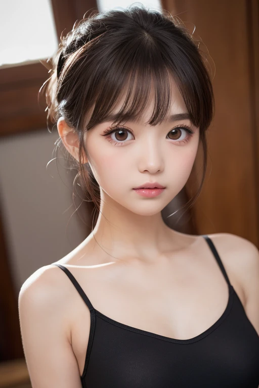 One Girl，Very cute girl at 15 years old，Big eyes:0.5，The face is facing straight ahead，Body facing forward，Beautiful nose，Fuller lips，Short black hair，ponytail，Detailed eyelashes，Thin eyebrows，Symmetrical eyes，Face close-up，White swimsuit，Portrait，View Viewer