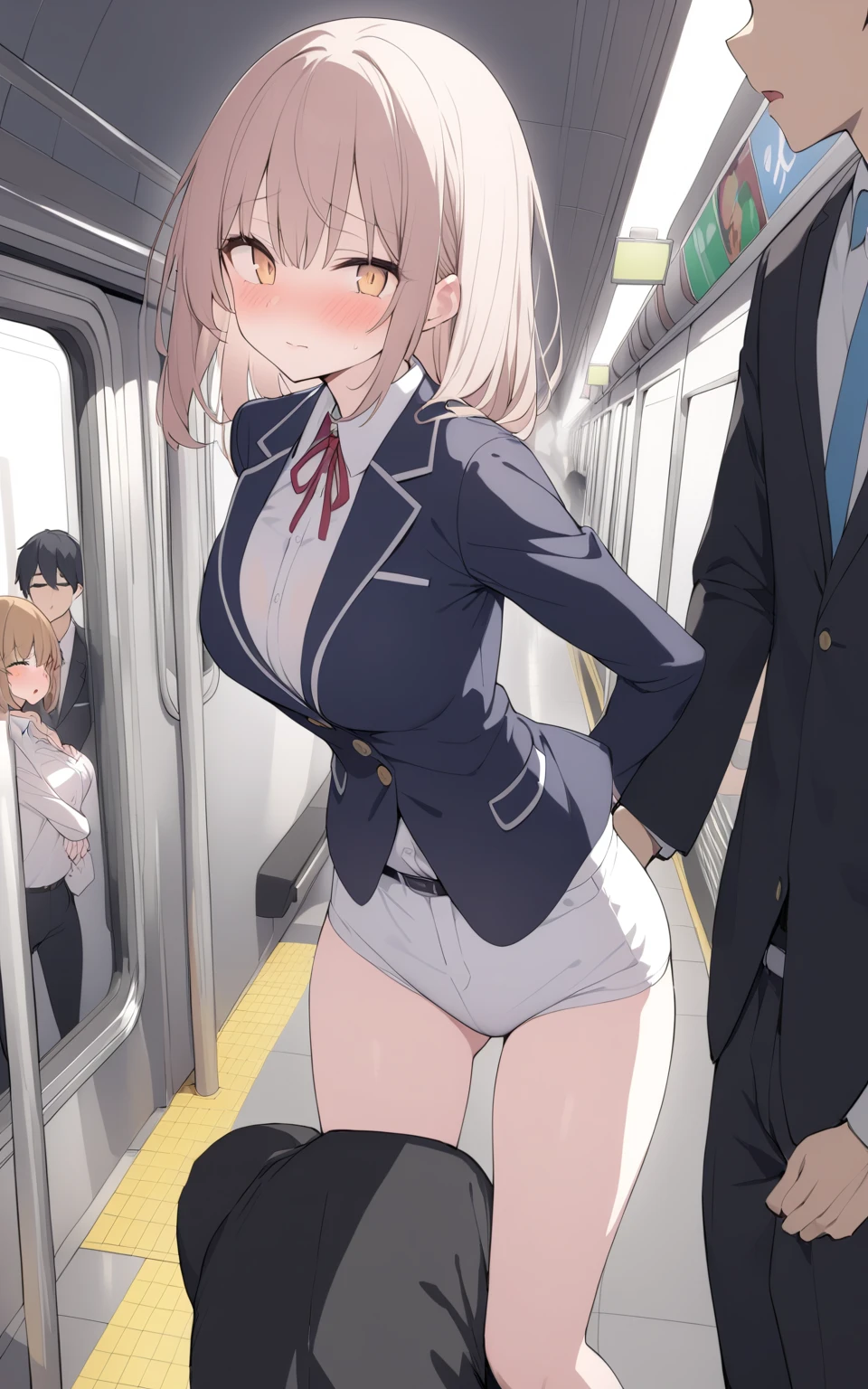 (8K、Highest quality、highest quality、masterpiece)、Detailed face、One girl、ONE boy、Ayanami、No corners 、long hair、、blunt bangs、Grey Eyes、、、((Blazer jacket))、((White shirt))、((Pleated skirt))、((No panties))、((bent over))、on the train、((Pressing her chest against the train window 1.6))Spread your legs、Very large breasts、Nipples are visible、、Black Pantyhose、Milk dripping from nipples、Milk spurting from the nipple、、Open your mouth、Troubled face、Close ~ eyes、Love juice from the genitals、Full body portrait、Walking around the city、One man、Hearts in the eyes、Sex、vibrator in thighhighs、Pantyhose with a hole in the crotch、Adult toys、vibrator、Black Loafers、股間にvibratorを入れる、Standing Sex、Doggystyle、Standing doggy style、A man stands behind、A man grabs my waist from behind
