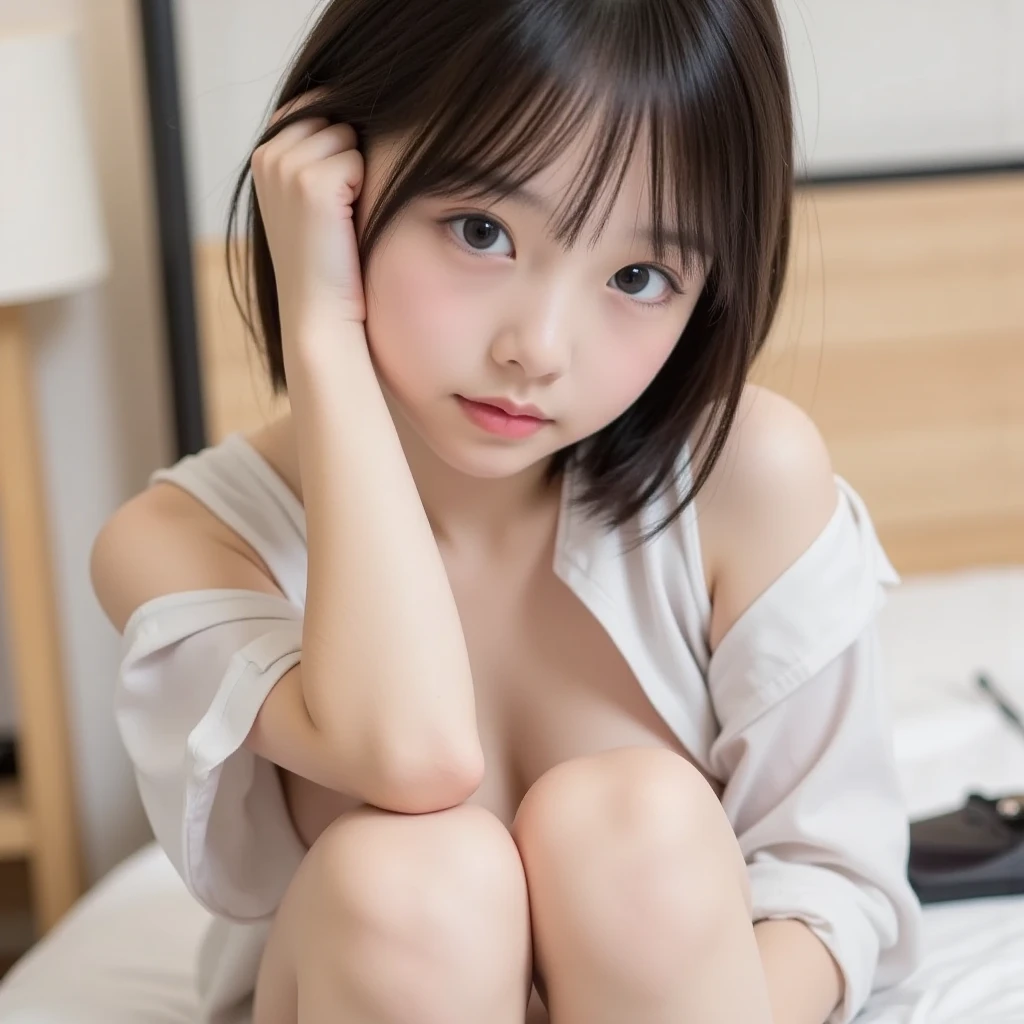 (highest quality, High resolution, Tabletop:1.2), Very detailed, Realistic:1.37, Brown Hair, Bob Hair, Sleepy eyes, Beautiful fine details, Beautiful lip detail, smile, choker, woman、She has very big and beautiful breasts、Full Body Lesbian、Eyes slightly upwards、Eyes become whites of the eyes、Please open your mouth so wide it hurts、Spread your legs wide、Bend your knees、bed、Look forward、sleep、Beautiful body lines、Torn clothes、Torn Skirt、Press the thighs from the outside、Lift your hips、Advance、Push your knee outward with your arms、Knee-high socks、pumps、めっちゃsmile