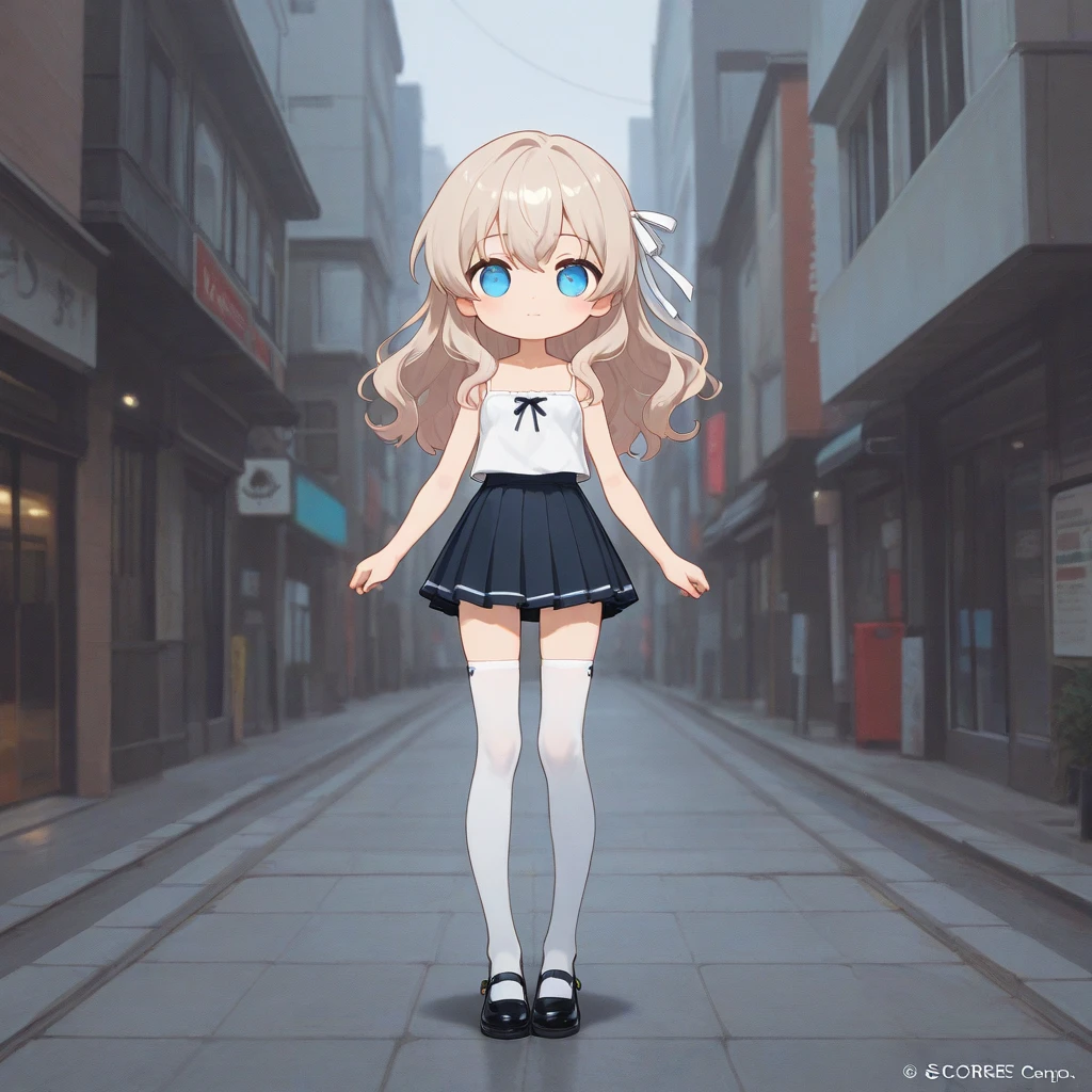 huge,Teenage girl,white hair,short skirt,teasing,A giant girl taller than a building,Wearing white knee socks,city-destroying,miniature city,Kneeling in the city,holding hands,There is a little person in the palm of my hand,There are many miniature cars around
