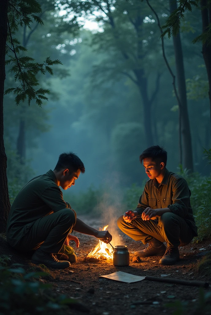2 muscular Asian man dress in camouflage pants no shirts sitting  around a campfire with his father in the woods 
