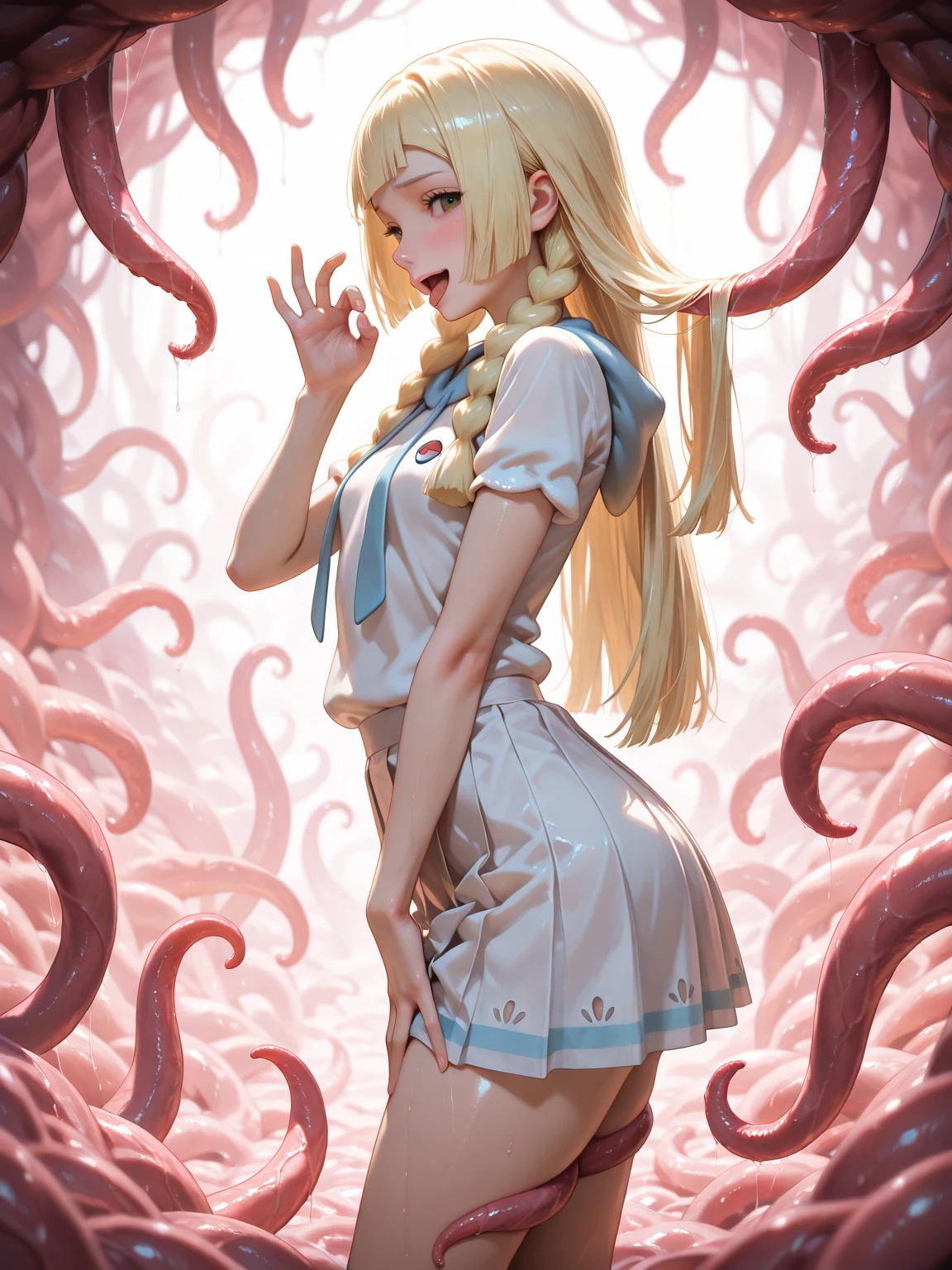 Browsing Caution,(A girl with her limbs spread and buried in a tentacle hole,Wide-open legs,Wide open arms,Arms covered in tentacles,Tentacle-covered legs,Sailor warrior transforming heroine with pink lines on white cloth,Shiny ruffle skirt、Metallic Leotard Armor.,No sleeve,Waist ornaments and armor adorned with large jewels,Transformation Heroine Hair Accessories,Torn white transforming heroine thigh-high socks,A big red ribbon and a big jeweled brooch,Shining white heroine costume,Tight transforming heroine gloves:1.5),(Men and women having sex,A transforming heroine gets raped:1.5), (vagina,penis:1.5),(A girl with her limbs buried in a bed of giant tentacles,Arms and legs stretched:1.5),(tentacles surrounding the girl,His arms are covered in tentacles up to his shoulders,Her legs are covered in tentacles up to her thighs,Tentacles bind limbs,Massive bukkake,get off:1.3),belly button, (The girl is angry,Open your mouth:1.3),Sweat,Love Juice, (Petite Girls,young,thin,Very small breasts:1.5),Blonde,Perfect Face, Perfect Anatomy,(Cowboy Shot:1.5),(vaginaから溢れる:1.2)