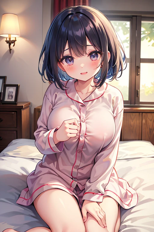 1girl, 独奏, medium breasts, dark skinned girl:1.2, ,(dark skin:1.8), black hair, short hair, pixie cut, wavy hair, (((open eyes))), wake up yawn, open mouth, covering mouth, pijamas, (white pajamas), window, morning, looking at viewer, sitting, seiza, waking up, on bed, full body, ((ultra detailed, masterpiece, best quality, 8K)),(Urine-stained futon,Pee-stained futon,Steam from crotch,Hospital room,Urine vapor),((Open your eyes)),((huge breasts)),(片Open your eyes,Open only one eye,Surprised face),cheek,(6yo),NSFW,(((littlegirl))),puffy nipples,((((Open pajamas))))