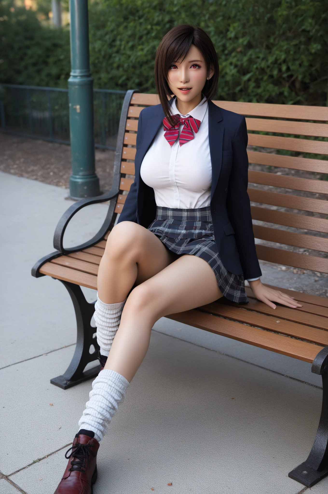 (best quality,4k,8k,highres,masterpiece:1.2),ultra-detailed,(realistic,photorealistic,photo-realistic:1.4), profesional photograph by dubnitskiy david, natural light, portraits, a beautiful young japanese girl, 17 years old, wearing ((dark grey blazer, red necktie, white button shirt, white socks, (black shoes with red ties), high school uniform: 1.4), very low neckline, exposed her breast), seductive look, soft glow, elegant beauty, perfect detailed face feature, detailed blue grey eyes, sexy pose, delicate skin texture, flowing messy hair, lustly expression, sexy posture, collarbone, naturally droopy breast, knees up, lying back with sexy pose, opened legs, (grass field with skyline:1.4), subtle shadows, daylight and clouds background, shallow depth of field, foggyand greeney atmosphere, fine art photography, (close up:1.2), (seen from below:1.4), photon mapping, zoom in