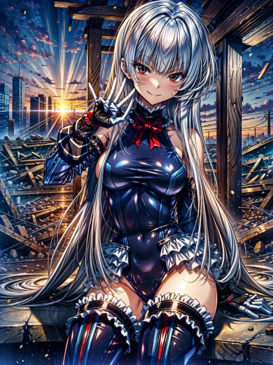 perfect anatomy, highest quality, marirose,evil smile,provocative attitude
,(Girls greet dawn on top of a pile of rubble:1.1),evil smile,anime style,(Torn frill swimsuit:1.9, Thighhighs, removed sleeve), (anime style:1.4) ,
silver hair,(White fingers:1.1,black gloves),very long hair,evil aura,Rape Eye,Torn costume:1.5