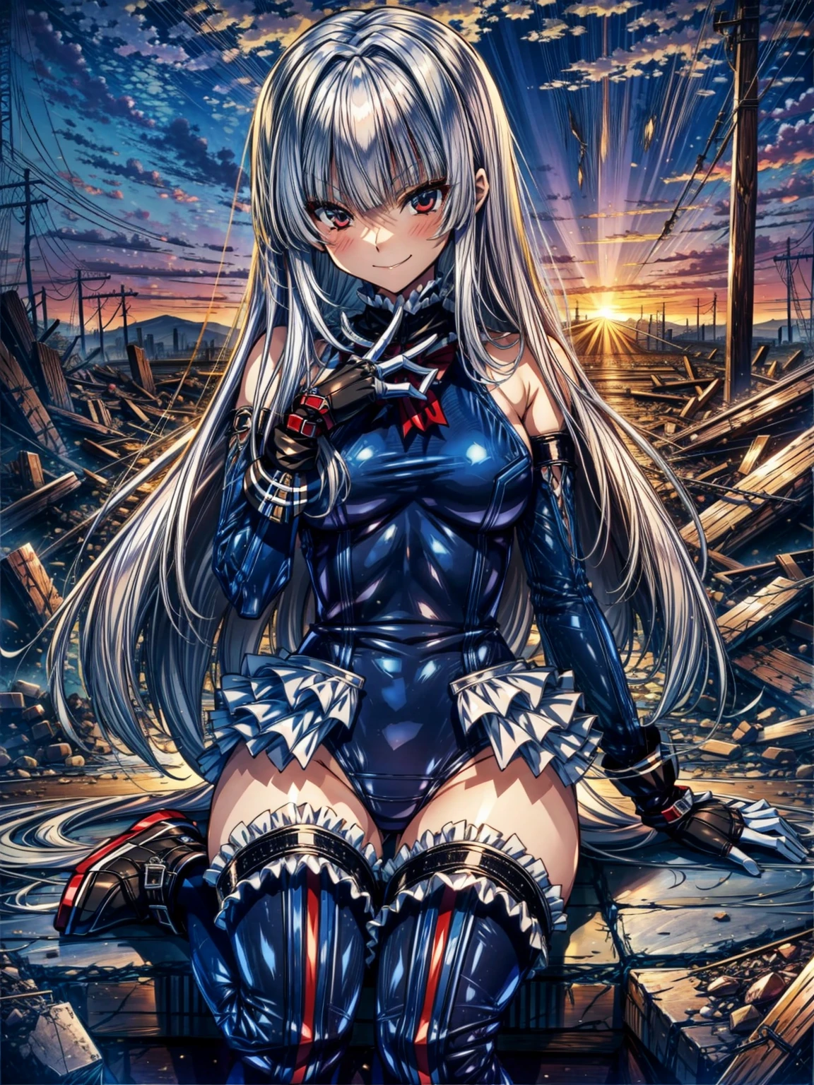 Perfect Anatomy, highest quality, marierose,look at me lovingly,Provocative attitude
,(Dimly lit basement:1.1),Wicked Smile,Anime Style,(Frilled swimsuit, Knee socks, Removed sleeve), (Anime Style:1.4) ,
Silver Hair,(White fingers:1.1,Black gloves),Very long hair,Evil Aura,Rape Eye,Full body view