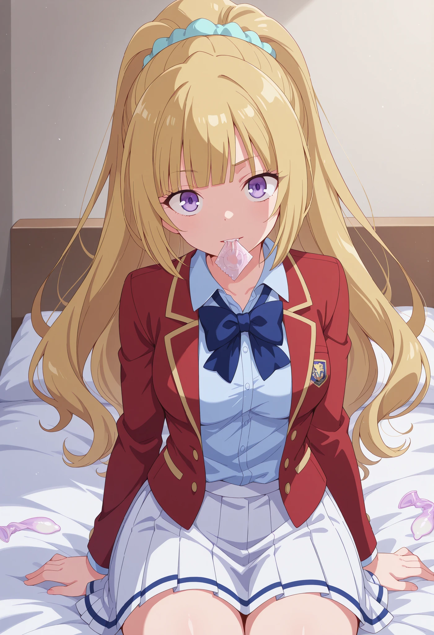 kei karuizawa, long hair, bangs, blunt bangs, purple eyes, highlight eyes, glare eyes, blonde hair, shirt, hair ornament, ponytail, scrunchie, blue scrunchie, medium breasts, white skirt, shirt, bow, school uniform, jacket, red jacket, pleated skirt, bowtie, blue bow, blue shirt, ( solo, in the bed, sit down, biting new condom, cowboy shot, center, upper body view )