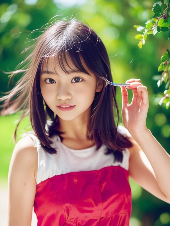 highest quality, High resolution, Realistic photo, Detailed skin texture, ((Cute 12 year old Japanese girl wearing a see-through short white camisole)), View your viewers, Slim figure, Attractive gaze, Fair skin, (Flat Chest:1.2), Straight long hair, (loli:1.2), Smiling with teeth showing, In the park with cherry blossoms falling