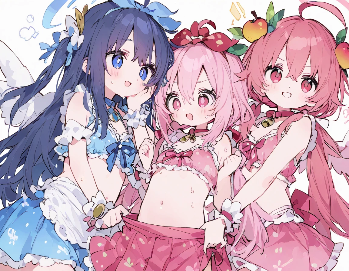 Holding a 1.8L bottle in one hand and a trumpet only、Plain white with boobs highlightedＴshirt、You can see the chest from the neck、Ultramarine and white striped mini skirt、When you lift up her skirt you can see her cute pink frilly underwear...、fluffy, White frilly flared skirt、When she lifted her skirt, She found some cute red frilly underwear、barefoot、library、Three girls of different heights Magical girl with a magic wand、Wind and water magic、Black Magic Robe