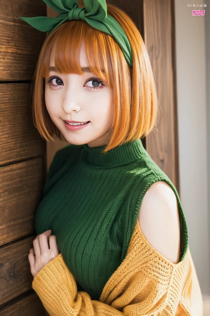 nakano yotsuba, short_hair, 前hair, green_eye, orange_hair, Hair Ribbon, Green ribbon, hair_Between_eye,Laughter, Knitted sweater, Naughty pose