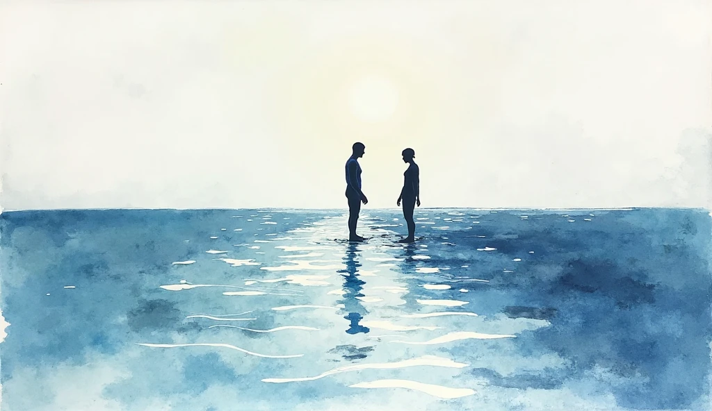 high contrast, brightness, watercolor, Japanese mom and girl, straight black hair, naked upper body, standing side by side, silhouette from behind, standing in the shallow sea
