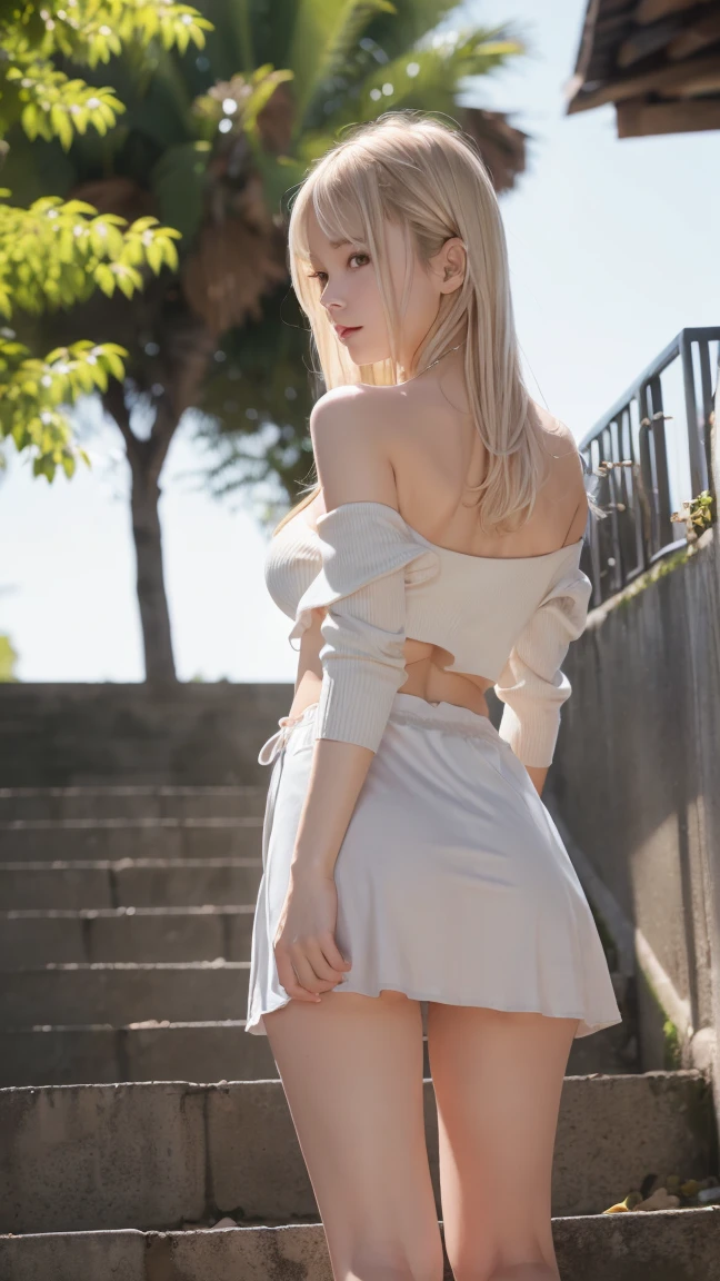 (full body figure:1.2), (nine heads and bodies:2.0), (thin thighs), (thin and long legs: 2.0), (pumps:1.2), Transparent white glossy skin, 25 years old, cute sexy little handsome face, thin face, pink lips, parted lips, ( Hair parted to one side:1.5), tall light, light blue eyes, sexy face, sexy cute young woman, Long natural blonde shiny hair, choker, ( silky white sexy tops:1.3), (silky white tight skirt :1.3), Blonde shiny light hair, natural wavy hair, (intricate details: 1.2), almond eye, (detailed face), Beautiful smile, My cheeks turned red, Medium chest, slender body shape, tight waist, small ass, (people)visible part of the thigh between the skirt of, beautiful hands, thin shoulders, look at the audience, Wind-blowing skirt, woman posing for a photo, standing facing forward, Composition that shows from above the knees to the head, The sea shining in the morning sun, tropical island々, Palm tree