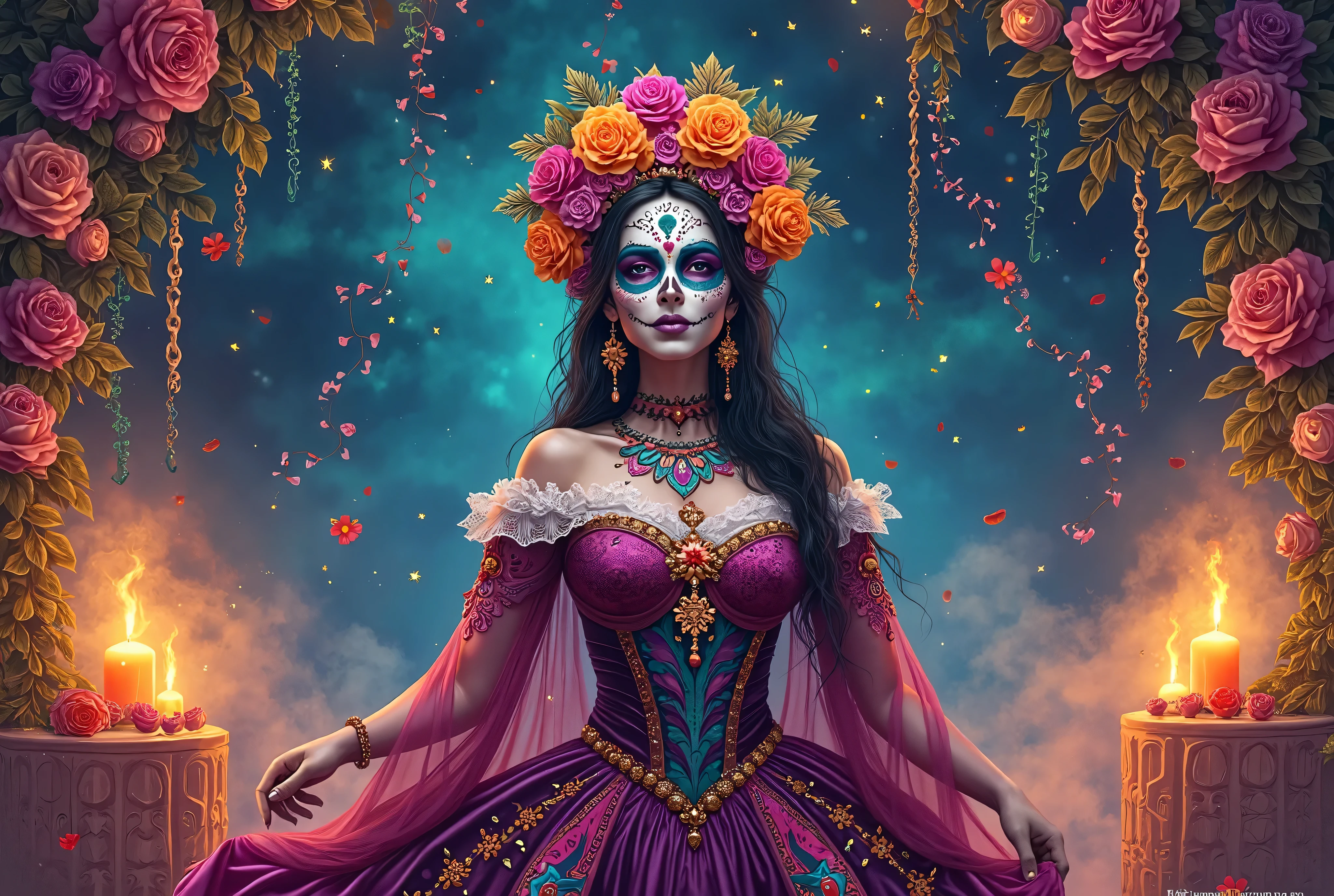 topless zombie girl, long bloody hair, seductive eyes, mysterious expression, mature appearance, charming dress, flowing short dress, elegant jewelry, intricate decoration, magic symbols, glowing accessories, potions, scrolls, cute accents, bows, ribbons, flowers, birds, skeleton