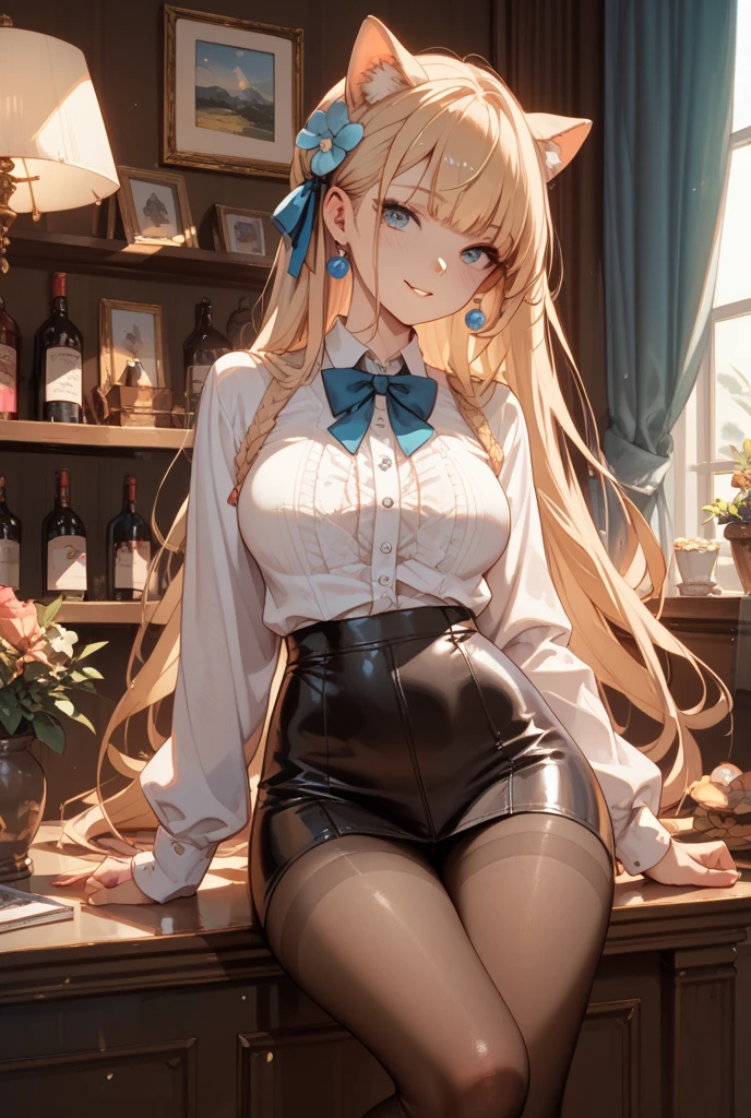 ((((masterpiece, best quality, high resolution))), 1girl, solo, thighhighs, breasts, navel, smile, midriff, tail, hand on hip, medium breasts, animal ears, closed mouth, <lora:ArknightsWhislash3in1v15:0.7>, crop top overhang, white crop top, [torn jeans], pants, loose clothes, upper body, light smile, cafe, indoors, coffee shop, chairs, tables, menu,