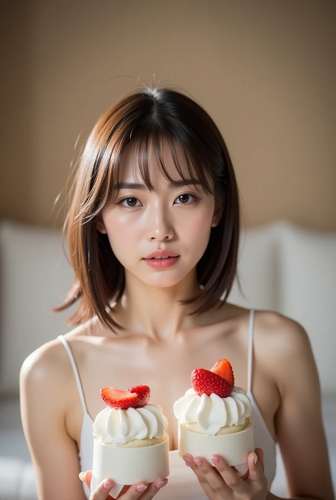 short cut hair,beautiful,K-POP idol,japanese idol,japanese actress,High resolution,beautiful skin,8K,RAW photo,highest quality,masterpiece,realistic,photo-realistic,clear,professional lighting,beautiful顔,highest quality,超High resolution,whole body,sexy,beautiful feet,beautiful歯列, beautiful唇,smile,cake,cookies,chocolate,eat,nude,Heavy cream