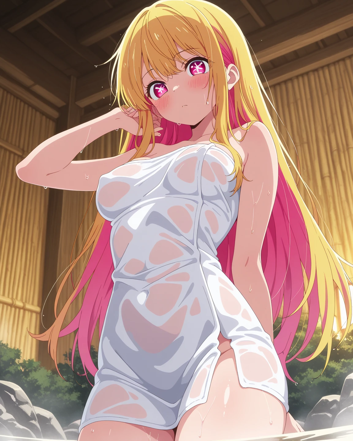 ((Cinematic light, Best quality, 8k, Masterpiece :1.3)), front view, 13 years old 1girl, Beautiful woman with thin abs :1.4, (golden hair, small breasts :1.3), see-through panties, bra :1.2, seductive open lips, in bedroom, ultra-detailed face, detailed eyes, double eyelidwork, best quality, drunken eyes, embarrassed, trying to be sexy, showing sweaty armpits, steamy, sexual teasing, ((legs spread while squatting to the viewer)),double peace, public indecency, hands shining purple, cum on hair, cum on body, see-through, nipples through, love juice, perspired, torn clothes, see-through, nipples through, seductive smile, excessive cum, cat ears, open mouth, drooling