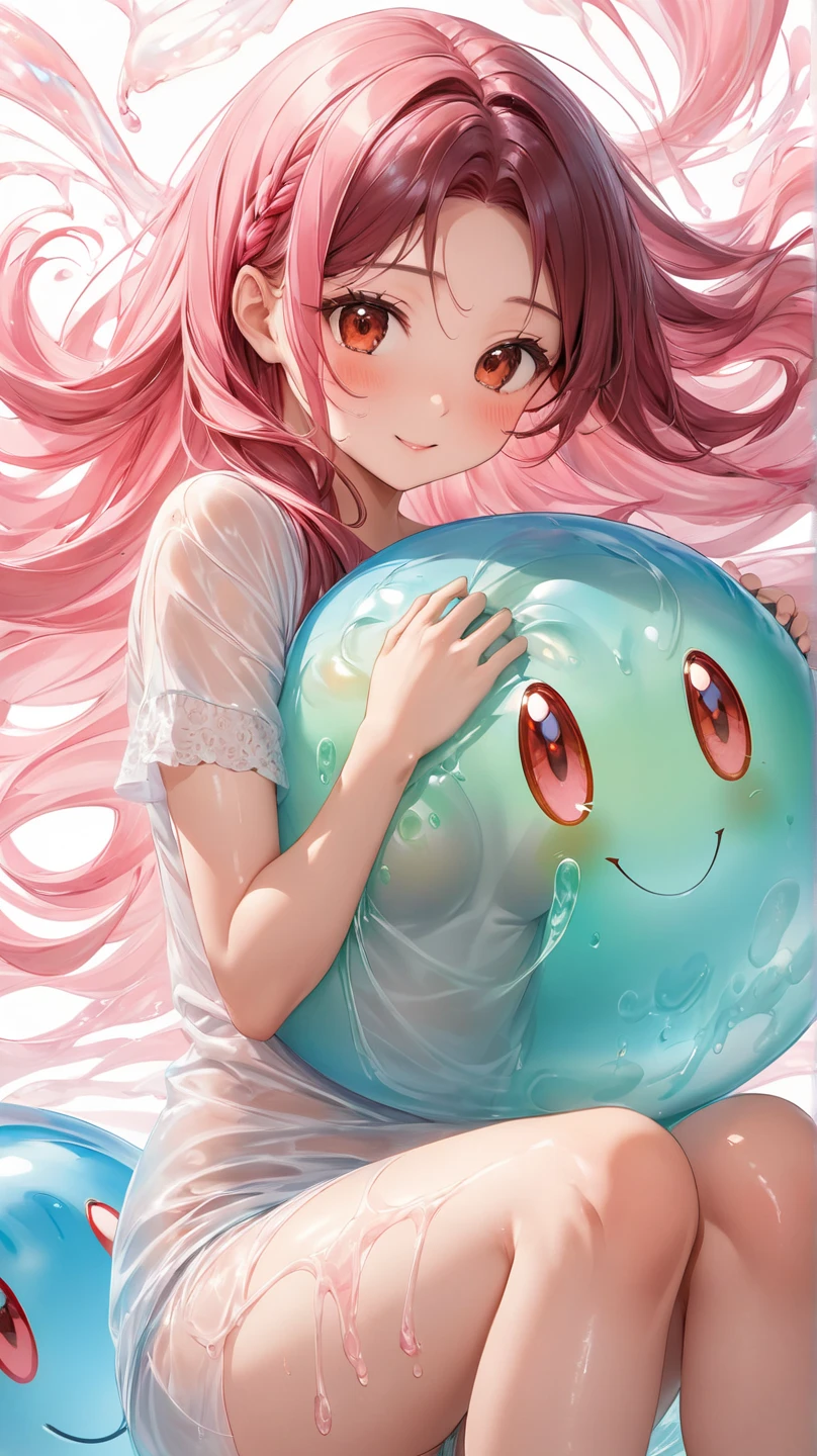 1girl,small height,hugging slime monster,slime monster,translucent girl,slime,pink slime,grass,sun,slime girl,playing with slime,see through girl,
