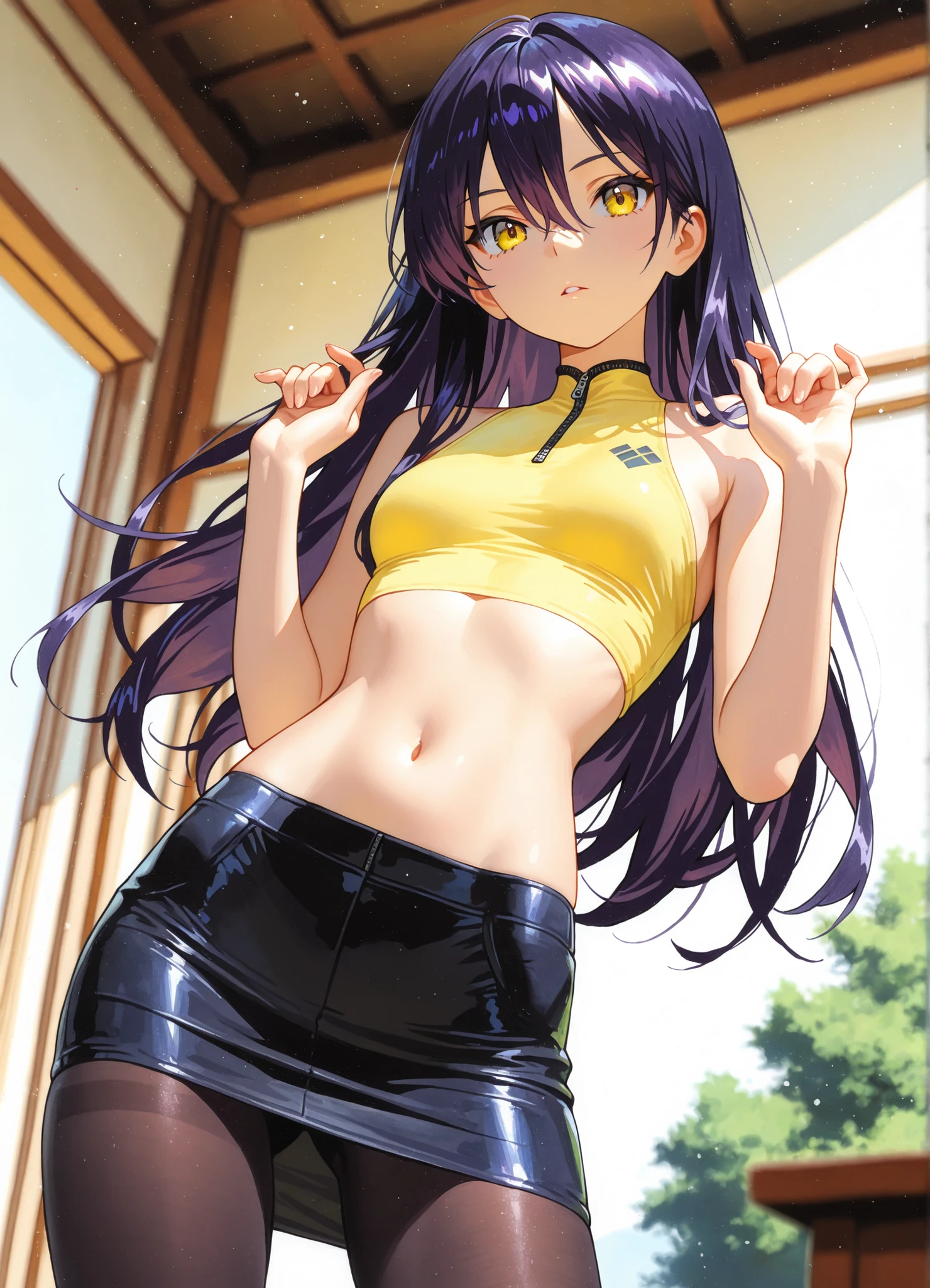 1girl, Nyann, long hair, yellow eyes, dark purple hair, hair between eyes,tight cropped skirt,black tights,yellow sleeveless shirt, midriff tops,navel,depth of field, fake traditional media, Picturesque, Impressionism, masterpiece, high score, Great score , very high resolution highlights (masterpiece) 、 (Best Quality)) 、 (Super Detailed) , beautiful girl , Beautiful detailed face ,perfect 5 fingers , perfect human structure , Perfect Anatomy ,beautiful light effect,beautiful light effect, small breasts,dynamic pose