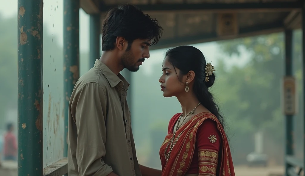 A 22 year old Indian girl is wearing her red saree and she is crying and her boyfriend is also with her both are sitting in a garden