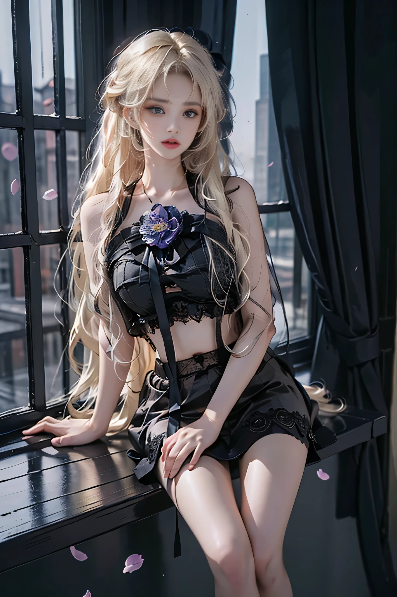 ruanyi ,, ((masterpiece, best quality, ultra highres, realistic:1.4)), (Random shooting Angle), mix4, (At night, moonlight:1.3), beautiful detailed face, (photorealistic:1.37), (sexy long legs:1.2), slender figure, ((By the window, sit on the windowsill, The windowsill position is relatively high.)), (Full breasts, large breasts, visible cleavage, and very short skirts), one leg extended, the other leg naturally bent at the knee, accurate and beautiful leg shape, exquisite face, one hand gently lifting the skirt, long hair blowing in the wind, soft shadows, depth of field, (detailed background:1.1), (ambient occlusion:0.3), (Many scattered petals, petals dancing in the air)