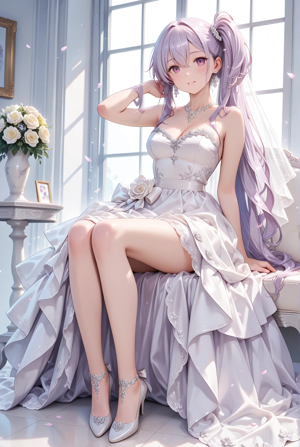 masterpiece, best quality, highly detailed, high resolution, expensive resolution, high resolution, 4K, 8k, Unity 8k wallpaper, highly detailed CG, masterpiece, 2D, 3D, beautiful details, depth, fine texture, best quality: 1.3, perfect focus, crisp skin, him, very cute anime girl, bikini, wedding veil with hibiscus decoration, full body big breasts, pink medium long hair in expensive clothes, mole under eye, looking at the viewer, expensive, blush, mole, open lips, heart, pink eyes, choker
