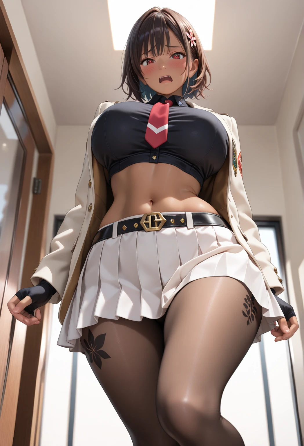 (((master piece,Best Quality,highest quality,Ultra-detailed,ultra high resolution,extremely detailed CG unity 8k wallpaper,Illustration,Detailed skin,Shiny skin,Realistic,Beautiful detailed eyes,luscious eyes,striking eyes,Perfect Anatomy, gleaming skin))),oily skin,1girl in,Solo, cabin attendant uniform,flight attendant uniform,light blue blouse,dark blue slit tight skirt,red neckerchief,earrings,high heels,stockings,middle hair,half updo,dark brown hair,red lips,(((cowboy shot))),(((half updo,red lips))),large breast,skirt lift,