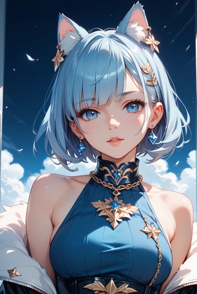 blue feather great sword　featherequipment　spread　swordsman　youth 　blue hair background moonlit night