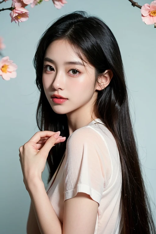 8k, RAW photo, Fujifilm, style photo of a beautiful 22 year old woman, square face, a starflower on the neck, wearing black lace dress with red, golden earrings, strong features like a spinning dove, (highly detailed skin: 1.2), medium brown hair with lights, film grain, 35mm, cute style