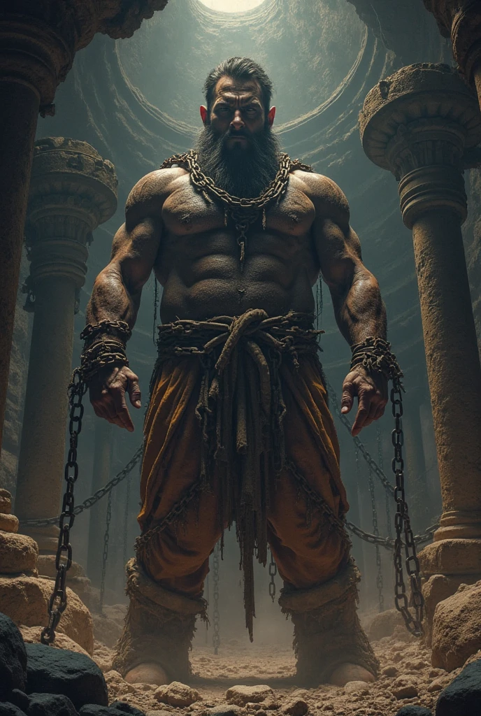 A person is chained to planet. A dark planet he looks distraught warrior fighting to break the chain

Wearing torned warriors white cloth.
Maks him warrior like. Muscles and fighting to break chain with full force 