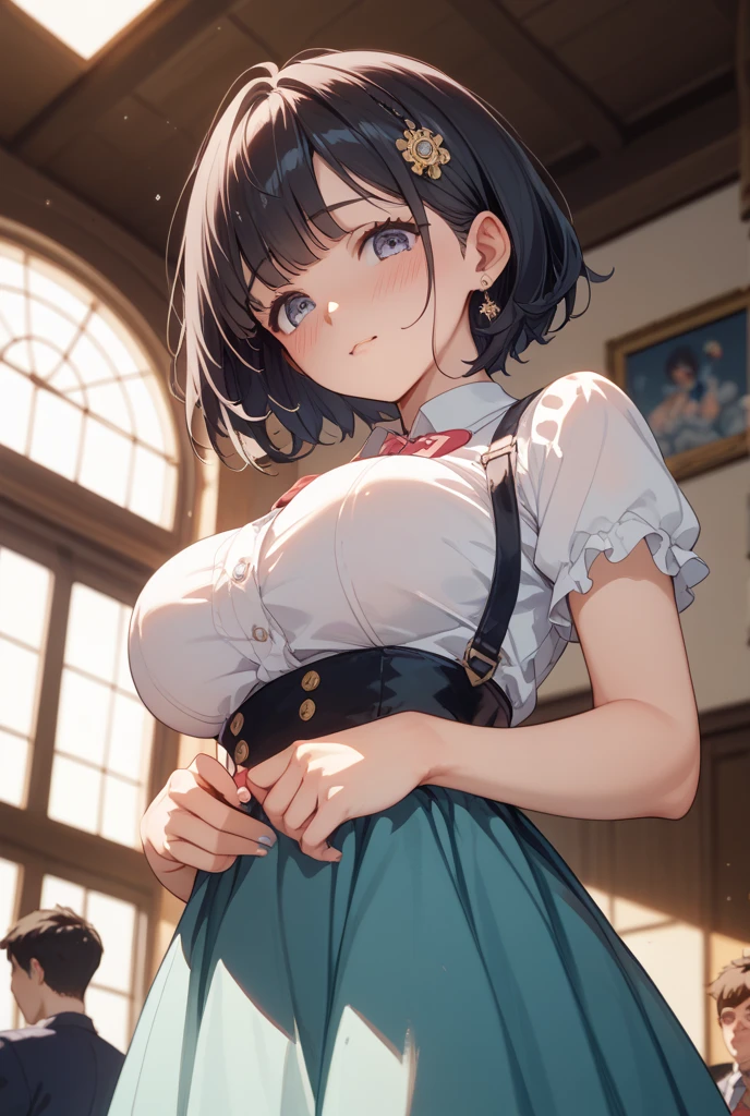 Main piece、high quality、High resolution、1 girl,single, Ruka Sarashina、jewelry、skirt、Maid uniform with bare chest、Japan maid café、black hairの女性、short hair、black hair、black pantyhose, blue eyes, long sleeve, Blue Hair Band, bangs, big breasts, cleavage, Medium waist, medium hips, wide thighs, Cowboy photos, smile, Charm, embarrassing, blush、large crowd of people, looking at the viewer,from below、high angle,とてもbig breasts、cleavage、No bra、No panties、No panties、非常に短いskirt、nipple、nippleを出す、Rubbing your own chest with both hands、Pose that emphasizes the chest、breast enhancement、1 girlと男の子1名, hetero, kiss, close your eyes, saliva, hug, blush, saliva trai、I feel it