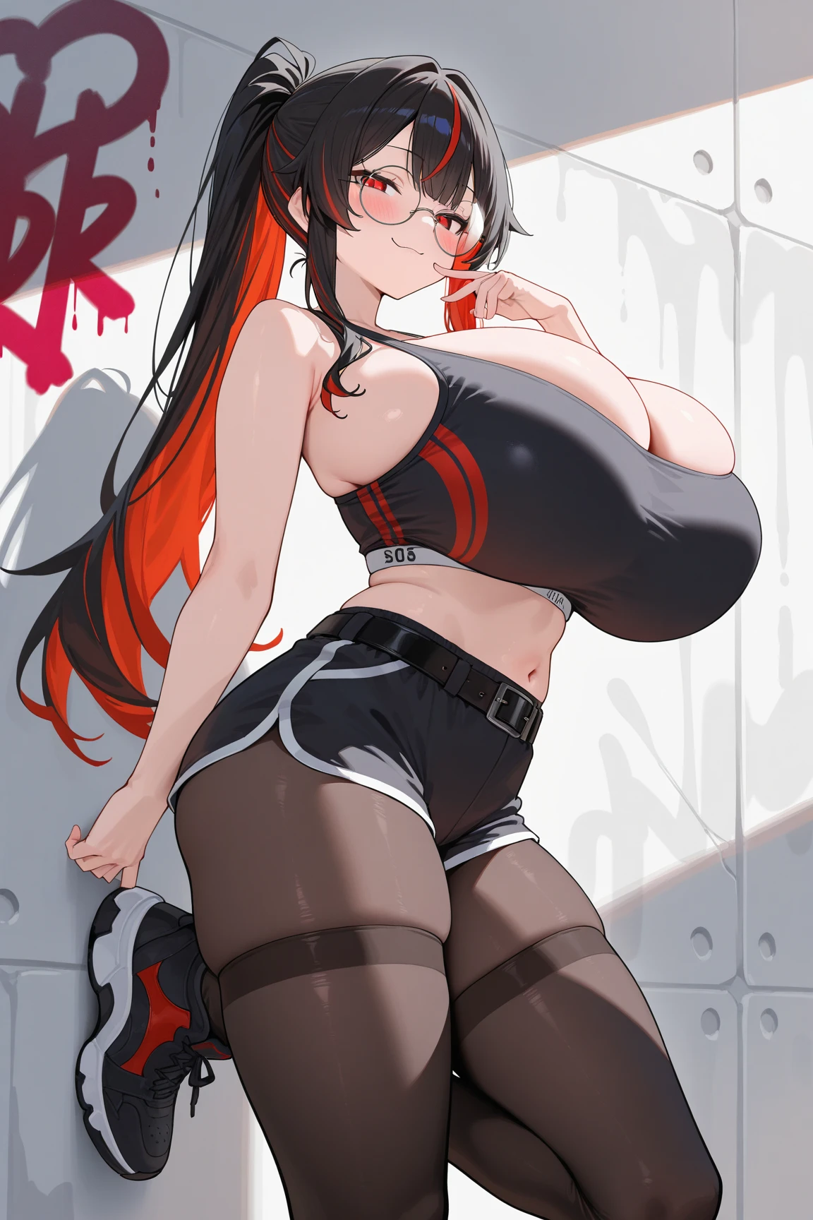master part, best quality, 1 girl, long hair, big bust, ((red hair)), ((long hair)),((white crop top)),tight black shorts,sexy,sensual,red eyes,Serious , no emotion, Adult woman, seductive, Hands on hips, ((Chunky body)), ((nice thighs, huge breasts, Enormous breasts)), (not shirt, topless, Breasts Showing, Breasts Visible), ((bare breasts :1.5))