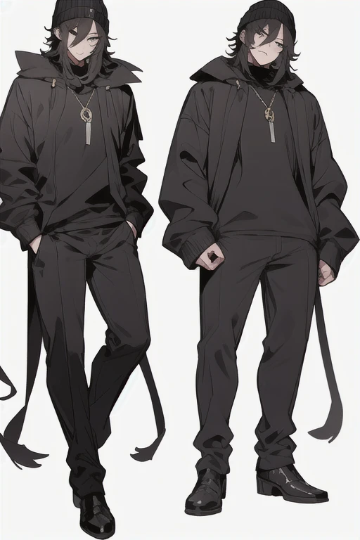 Um homem com pele negra e cabelo preto, maybe with an afro cut style or short braids. Ele estaria vestindo uma camisa roxa vibrante, perhaps with some detail or pattern that reminds us of the “Jujutsu Kaisen” style, as symbols or insignia related to anime. The pants would be white, simples mas elegante, e os sapatos marrons poderiam ter um design mais robusto, como botas ou sapatos de couro pesado. The general style would be a mix of the detail and expressiveness characteristic of Studio Ghibli with the energy and action of “Jujutsu Kaisen”.