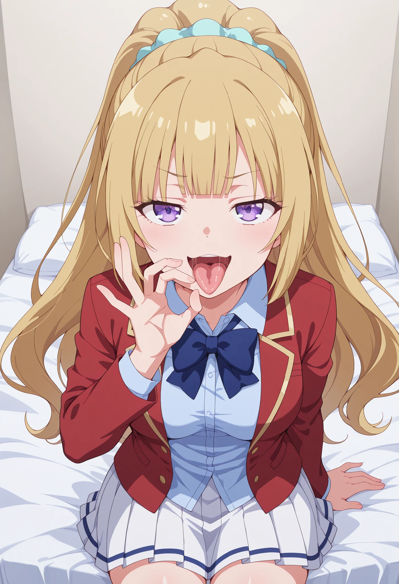 kei karuizawa, long hair, bangs, blunt bangs, purple eyes, highlight eyes, glare eyes, blonde hair, shirt, hair ornament, ponytail, scrunchie, blue scrunchie, medium breasts, white skirt, shirt, bow, school uniform, jacket, red jacket, pleated skirt, bowtie, blue bow, blue shirt, ( solo, in the bed, naughty face, smug, head view, open wide mouth, mouth focus, tounge out, fellatio gesture, center, cowboy shot, mouth zoom, looking at viewer )