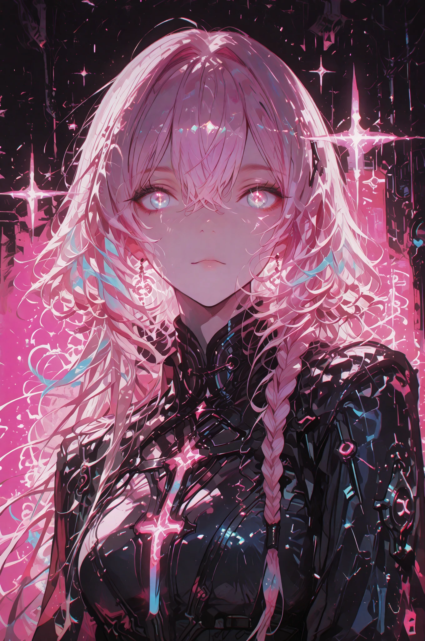 vivid neon lighting, glowing eyes, red and pink hues, ethereal halo, soft facial features, intense gaze, dark background, smooth textures, anime-inspired, futuristic portrait, radiant glow, otherworldly atmosphere, surrealism, sharp contrasts, minimalistic setting, digital painting