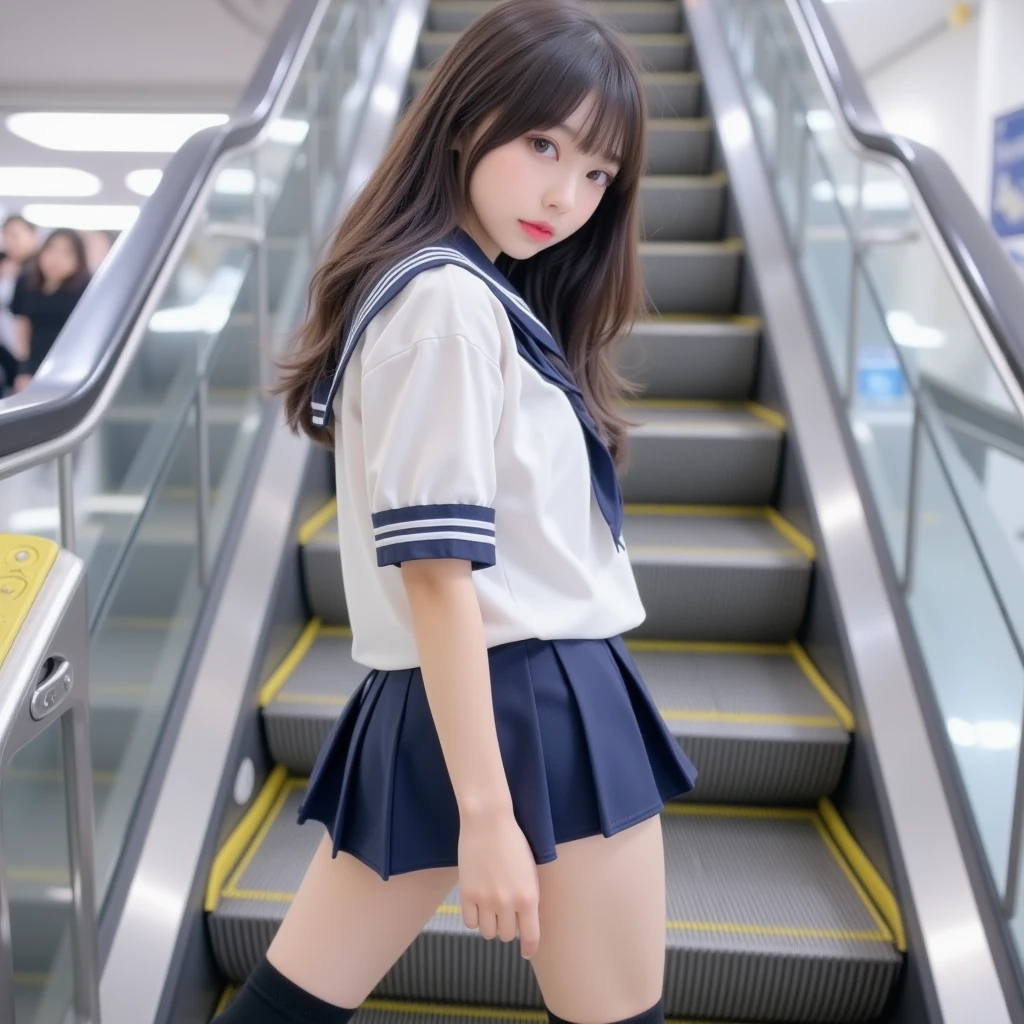 ((escalator))、lewd smile、(Realistic、Realistic:1.37)、(masterpiece)、(highest quality:1.4)、(超A high resolution:1.2)、(RAW Photos:1.2)、(Sharp focus:1.3)、(stand:1.2)、elegant、(Whole Body Ezbian:1.2)、(Dressed in an elaborate sailor suit and pleated skirt:1.3)、Cute Japanese、(smile:1.3)、 Brown haired、ponytail、 Short pleated skirt、
(Big Breasts:1.2), escalatorの下から撮影、Beautiful and delicate eyes、 View your audience、escalatorの最下段から見上げるアングルで撮影、Secretly photographing underwear under a skirt、White panties:1.8