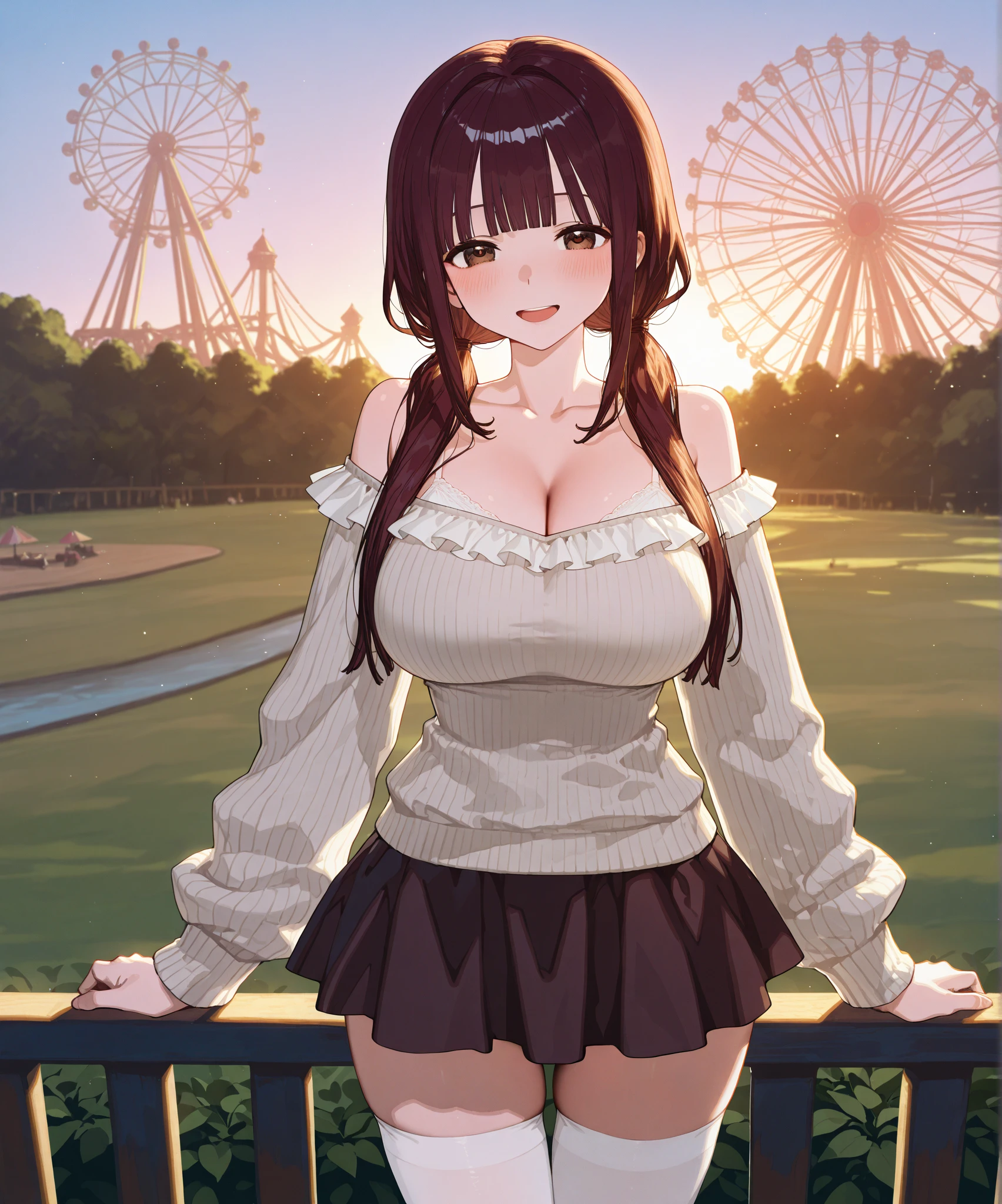 highest quality、High resolution、detailed background、beautiful and detailed face、beautiful and smooth skin、skin texture、cute10代の美少女、(three women)、(huge breasts:1.3)、sexual expression、(big breasts:1.3)、perfect body line、Well-defined body、emphasize cleavage、legs open、黒髪のcute編込みツインテール、pink floral embroidered panties、No bra、((On an amusement park date, She happily lifts up her skirt and reveals her panties.:1.5))、
(highly exposed)、(virgin killer sweater:1.5)、pink overknee socks、Accessories such as flower hairpins and ribbons、cute、blush、One thing no matter what&#39;~ side、panty shot、camel toe