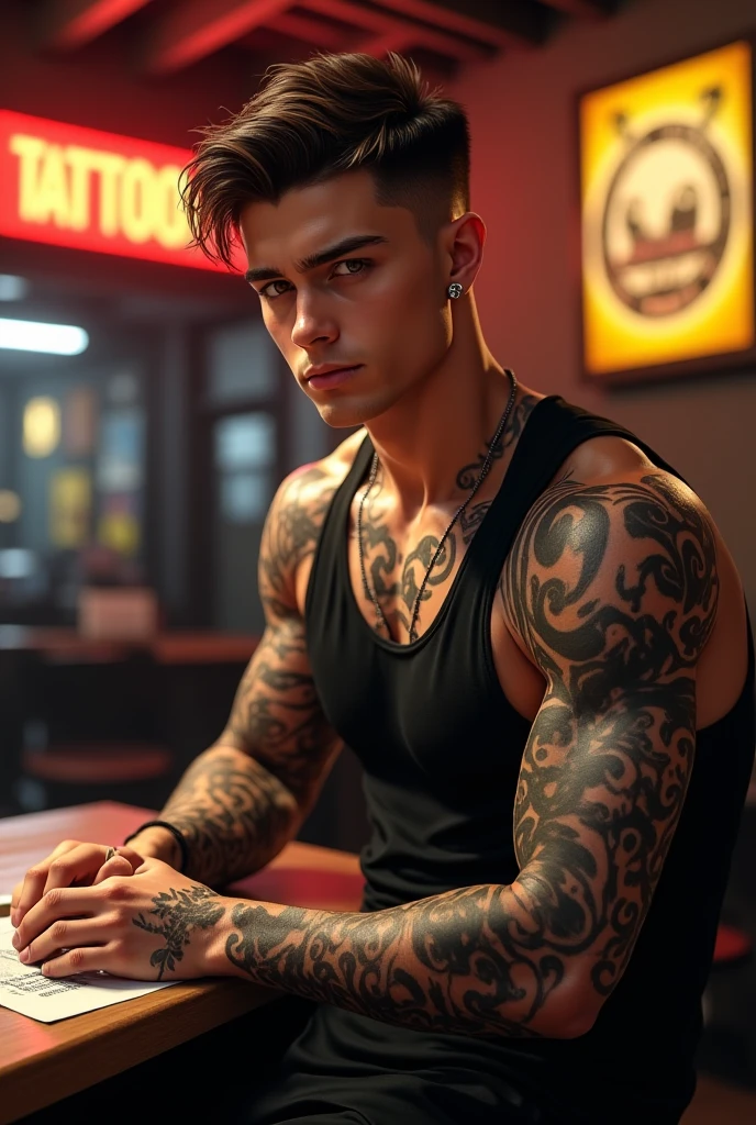 bar at night, a man is sitting, look at the camera, street style clothes, jacket and tattoo