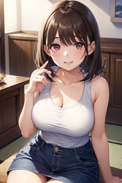 (Highest quality, High resolution,  Masterpiece, 4K), (Soft light、Luster of hair、Beautiful eyes)、young woman、The whole body is visible、Cute smile ((Wavy medium short hair, bangs, Chestnut Hair)), ((Wistful eyes、Gray Eyes, Perfect Eyes)), ((Detailed face, blush:1.1)), ((Smooth texture:0.75, Realistic texture:0.65, Realistic:1.1, Anime CG Style)),Medium chest、A body with just the right amount of flesh、(Sexy thighs、I see beautiful legs)、Large chest tops、tight skirt with a slit、Cute Necklace、Earrings、Angle from the front、Peeking into this、Leaning forward、Sit at your desk、Pants in skirt visible