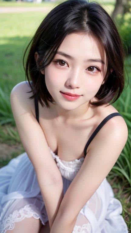 Tabletop, Highest quality, Very detailed, In detail, High resolution, In 8K, ((Photorealistic:1.4, RAW Photos, 超High resolution,Best image quality: 1.4)), wallpaper, ((Perfect body composition 1.5)), ((Beautiful attention to detail, Natural color lip、Beautiful face、Gaze looking at the camera、Eyelashes、Big eyes、Clear double eyelids、Teardrop Mole、Glowing Skin、Beautiful skin quality、Lip gloss)), ((Big smile:1.5)), ((Random cute hairstyles)), ((white off shoulder knit:1.5)),(((topless:1.7))), ((Random Color Micro Mini Skirt:1.5)),((The chest size is a little large、Cleavage:1.2)), ((((Leaning forward significantly:1.5)))), ((Sitting cross-legged:1.5)), ((Proudly、Look under the eyes、Mole on arm:1.6)), ((from the front)), ((Randomly blurred background)), ((Random and cute expressions:1.5)),, ((((One woman:1.5)))) Highly detailed and professional lighting、 ((I can see your thighs:1.5))