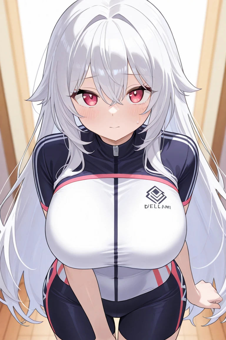 Masterpiece, best quality, highres, highly detailed, 1 girl, long hair, white hair, half - up style hair, red ribbons in right side hair, red eyes, large breast, white tank top, mini shorts, she wet, drenched, nipple perked out from under shirt, wet clothes sticking to her body, outdoor, public park, looking at viewers, perfect finger shape, the number of fingers is not excessive