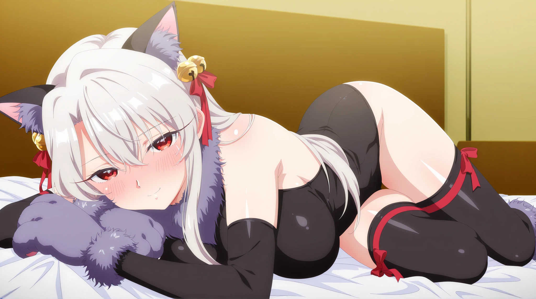 girl,cat tail,Cat ear,white hair,red pupils,collar,nipple ring,Thin,bust rag,Waist rag,Navel exposed,There are gemstones in the navel eye,Raise your hands and show your armpits,Bare buttocks,Thin,sit on the floor