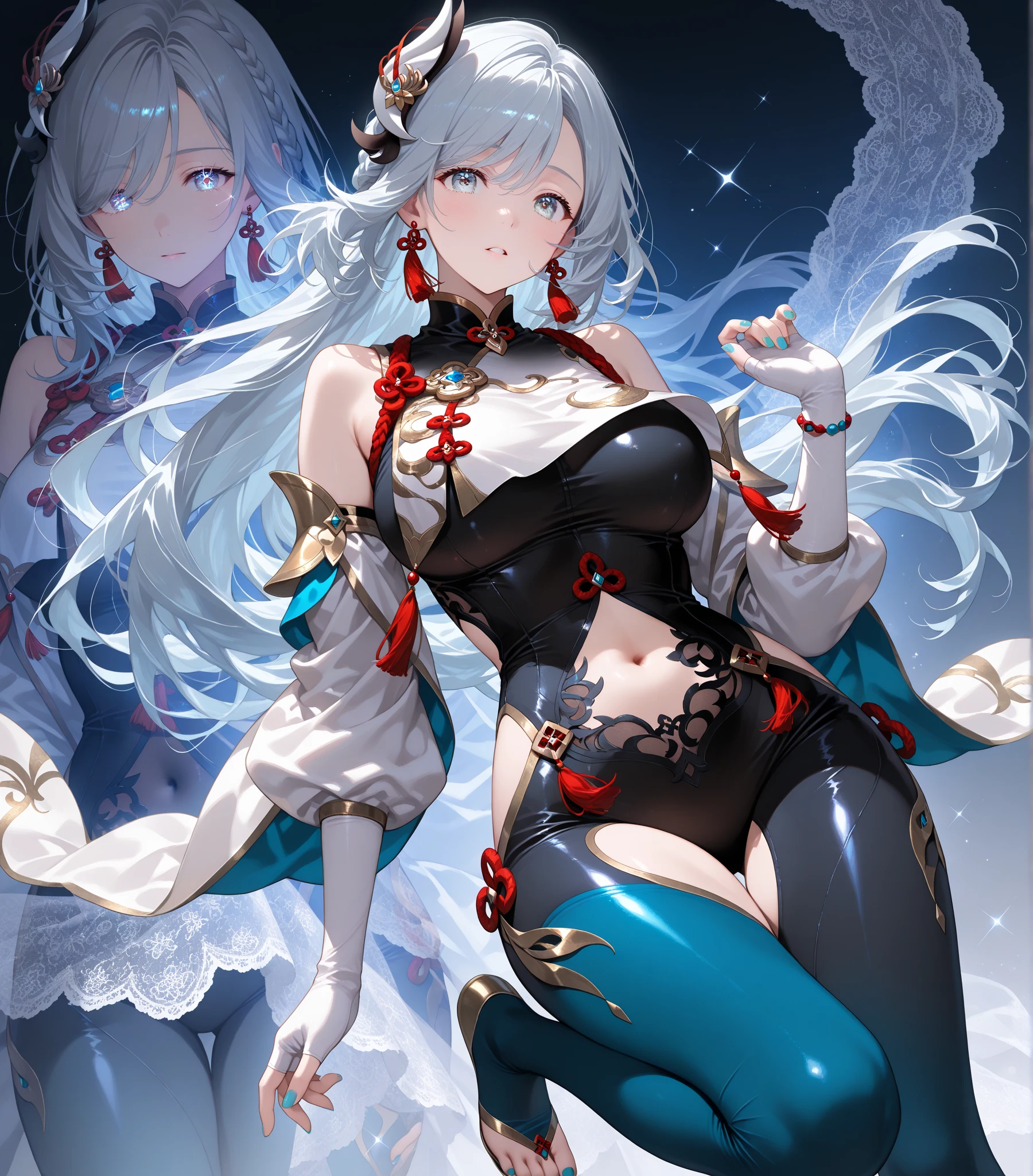 Flat lighting,elevation,sexy,A beautiful woman with supple curves,((Highest quality)), ((masterpiece)),(detailed), One girl,Silver Hair,Long Hair,Dark Skin,Wearing a black sleeveless dress,Wear black high heels,Standing pose on top of the tower,Starry Sky,cloud,Girl with deer antlers on her head,Look away,Holds a long sword in his right hand