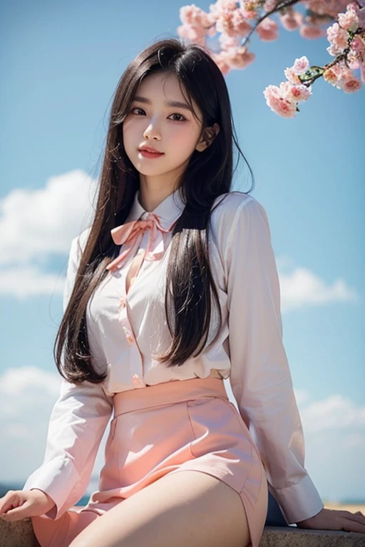 (Detailed beautiful eyes and detailed face, Masterpiece Side Light, masutepiece, Best Quality, Detailed, High resolution illustration), (1 girl, Beautiful Girl, Shiny skin, Looking down, Looking at Viewer), ( Sky Blue Long Hair, Pink eyes, Skirt, bow ribbon, button-down shirt) 45 degree, upper view, Sideways, (Hand Detail)