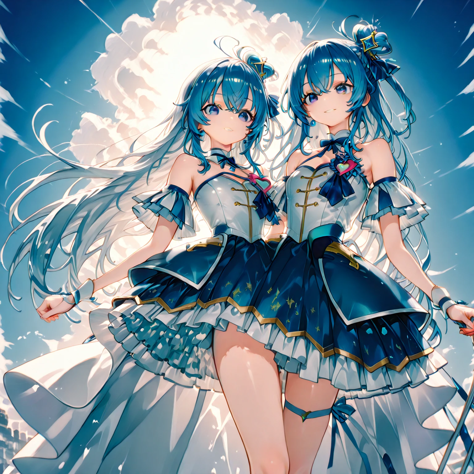 masterpiece, best quality, large breasts, blue eyes, forehead bangs, blue hair, long hair, embarrassed, with angelic wings, (angelic halos:1.2), in a heavenly paradise. flowing white gowns with golden accents and delicate, multiple girls, (1boy:1.2), (pov:1.2), (sex:1.2), (3girls:1.2), (cowgirl position:1.3), (girl on top:1.2), (straddling:1.2), (nsfw:1.2)