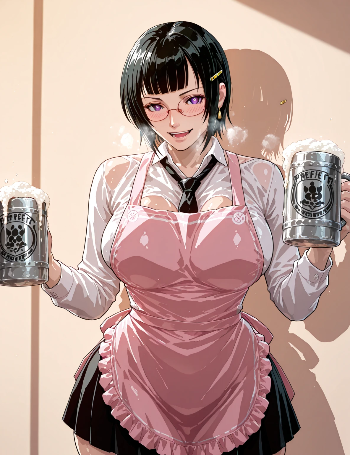 Babu-style, (anime coloring, anime screencap), shiny skin,, (poriuretan_dayo-style:1.8), (cirenk-style:1.4), ((anatomical correct)), ((Cinematic, unreal engine, eye-catching, ambient occlusion, UHD, masterpiece)), ((perfect lighting, soft shadow)), perfect body, perfect eyes, perfect fingers, gasping, heavy breathing, gasping profusely, ((skindentation)), ((curvy)), souna sitri, short hair, black hair, hair ornament, glasses, hairclip, bangs, blunt bangs, purple eyes, mature female, medium breasts, bright pupils, plump, 1girl, apron, mug, solo, cup, holding, necktie, holding_cup, breasts, open_mouth, smile, looking_at_viewer, earrings, jewelry, skirt, beer_mug, shirt, beer, blush, collared_shirt, alcohol, long_sleeves, (heavy breathing:1.5)