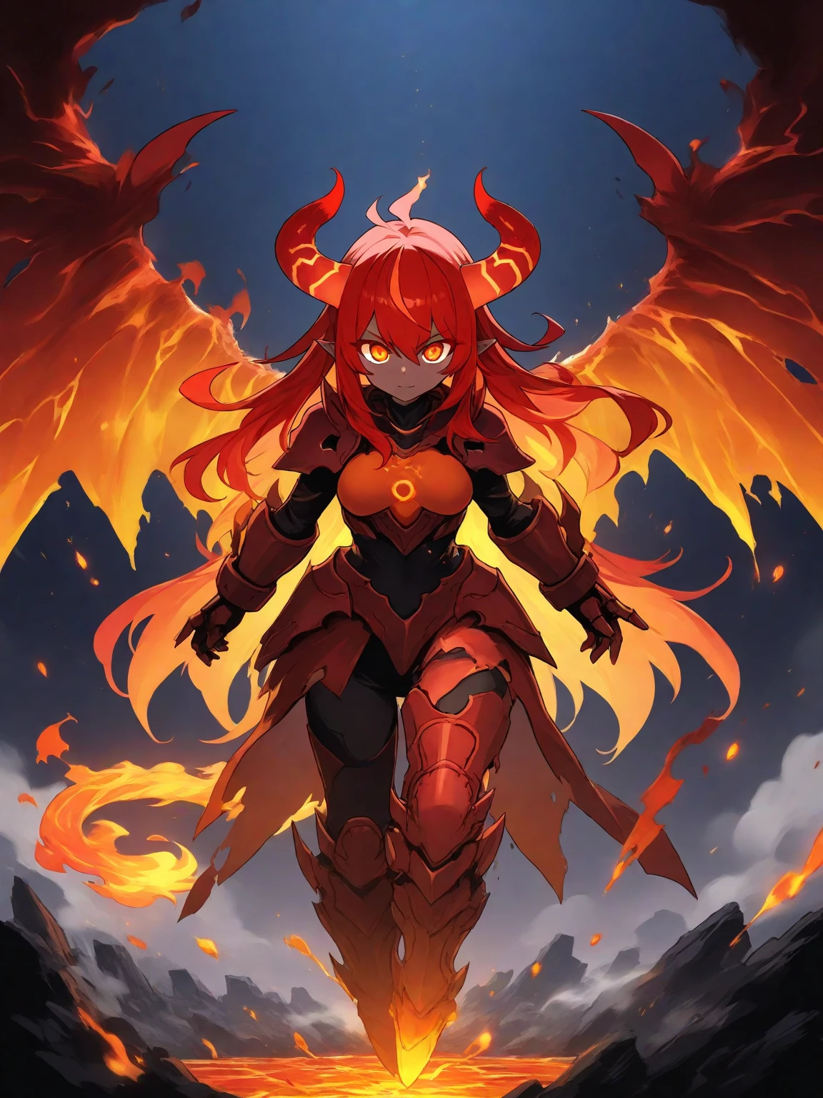 tan skin, red hair, orange hair, fluffy hair, thick hair, mane of hair, long hair, orange eyes, dragon girl, dragon tail, scales, woman, monster girl, armor, brown armor, magma, horns, brown skin, stone. bodysuit armor, pretty, mature, tomboy, claws, sharp eyes, thick tail, ruins, sharp claws, sunset, large hair, arrogant, dark skin