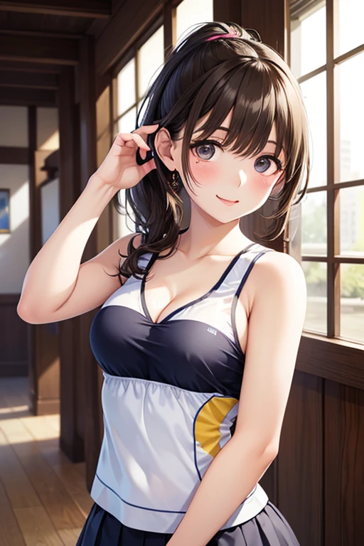 Girl, cute, adorable, smiling, straight hair, long hair, black hair, standing, (right arm up behind:1.2), (shows armpit:1.2), (left　arm Lower waist:1.2), Swayback stance, looking at the camera, From the front, from thighs to head, my room, daylight, Sports bra