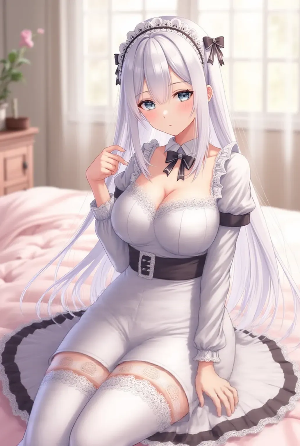 muste piece、masterpiece、highest quality、Super detailed、High resolution、8K portrait、High definition CG of Unity 8k wallpaper、cute type little:1.5、Lori:1.5、Highly detailed CG unity 8k wallpaper、Realistic、real person、 portrait photography、shiny skin、High definition、(16 years old:1.2)、(1 girl)、beautiful clear eyes、extremely detailed description、delicate face、nice lips、slender body、medium breasts、thin waist、thin legs、(garden:1.6)、1 girl, cute type, perfect face, seriously, (blush:1.5),(silver hair long hair:1.3),(medium breasts:1.4),((mini skirt maid clothes:1.3)),(black),((clothes lift:1.5)),((half nude:1.3)),(looking at view:1.2),(from front:1.2),(spread legs:1.2),(hand behind head:1.2),((climax in vagina:1.5))