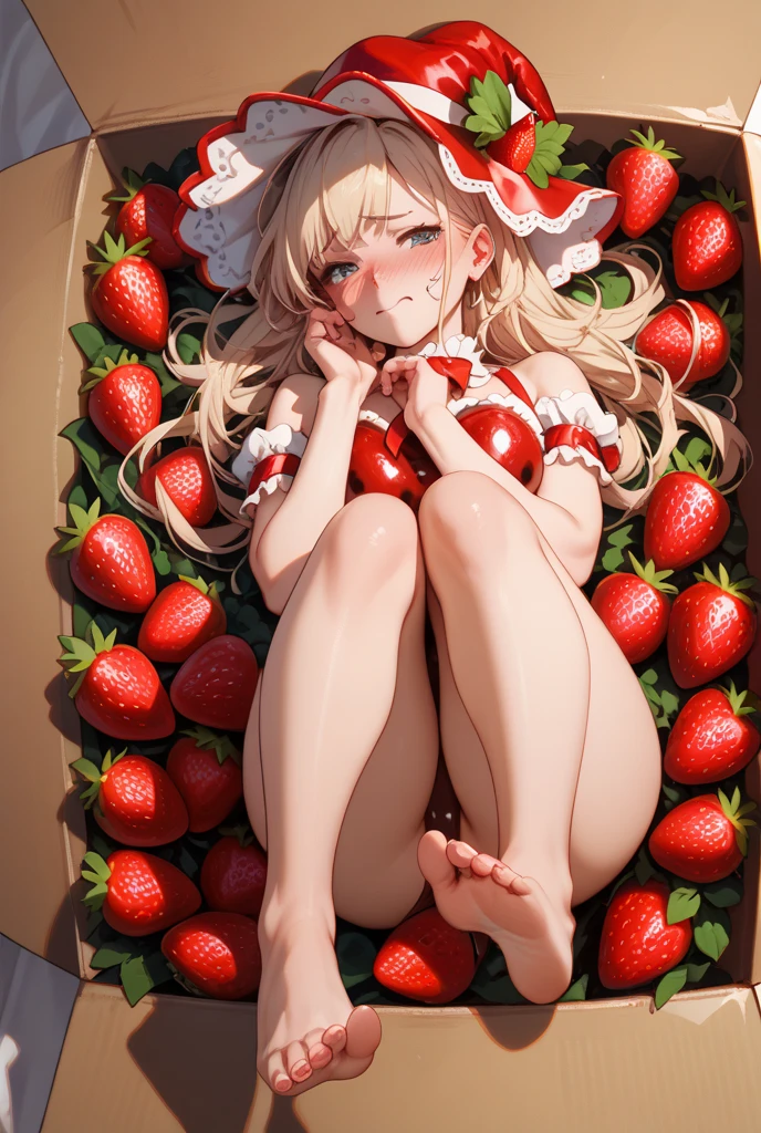 (hews art style:0.7), score_9, score_8_up, score_7_up, score_6_up, uncensored, zentreya, zencyber, short hair, white hair, hair ornament, yellow eyes, slit pupils, BREAK (masterpiece:1.2), best quality, high resolution, (beautiful detailed eyes:1.3), perfect lighting, (perfect hands, perfect anatomy), hearts, pleasured, huge breasts, breasts, gag, gagged, nude, bound, ball gag, in container, completely nude, box, solo focus, looking at viewer, blush, bdsm, lying, bondage, in box, arms behind back, christmas, gift, barefoot, on side, christmas ornaments, ass, fake antlers, bound wrists, christmas present,