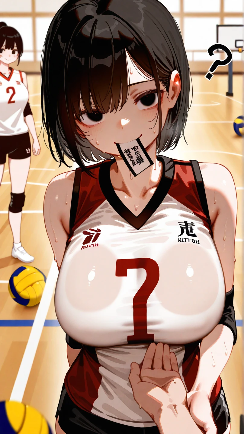 1lady solo, /(volleyball uniform/), /(dark brown hair/) bangs, blush, open mouth, tounge out, ahegao, ultra realistic eyes, (masterpiece best quality:1.2) delicate illustration ultra-detailed, large breast, hard nipple,arms up, armpits hair, /(volleyball court indoors/)